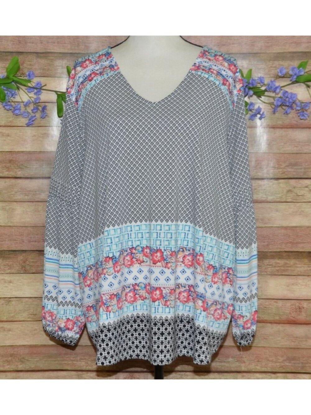 Style & Co. Womens Long Bishop Sleeve Mixed Floral Print Blouse Top Plus Size 3X
